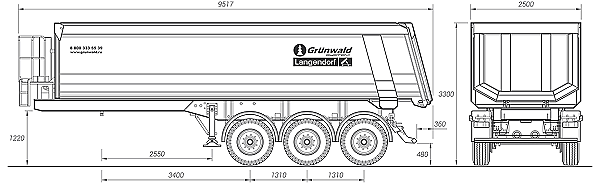 Полуприцепы самосвальные Грюнвальд 9453-0000010-50 31 куб, SAF 3x11, 1220, Michelin HD 445