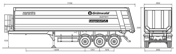 Полуприцепы самосвальные Грюнвальд 9453-0000010-50, 50 куб, BPW 3x9, 1220, Michelin HD, ПО